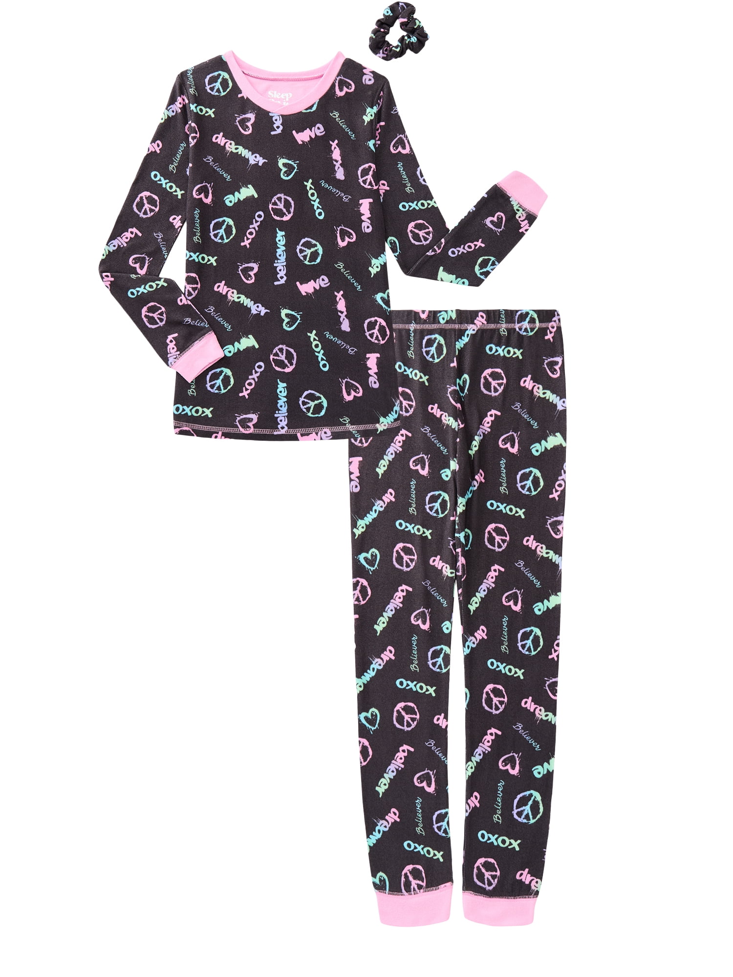 Sleep On It Girls Fitted Long Sleeve Top and Pants Pajamas with Scrunchie Set, 3-Piece, Sizes 4-14