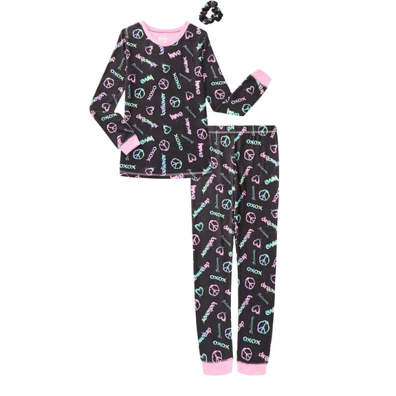 Sleep On It Girls Fitted Long Sleeve Top and Pants Pajamas with Scrunchie Set, 3-Piece, Sizes 4-14