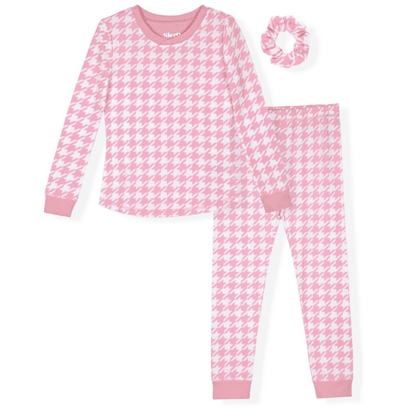 Sleep On It Girls Fitted Long Sleeve Top and Pants Pajamas with Scrunchie Set, 3-Piece, Sizes 4-14