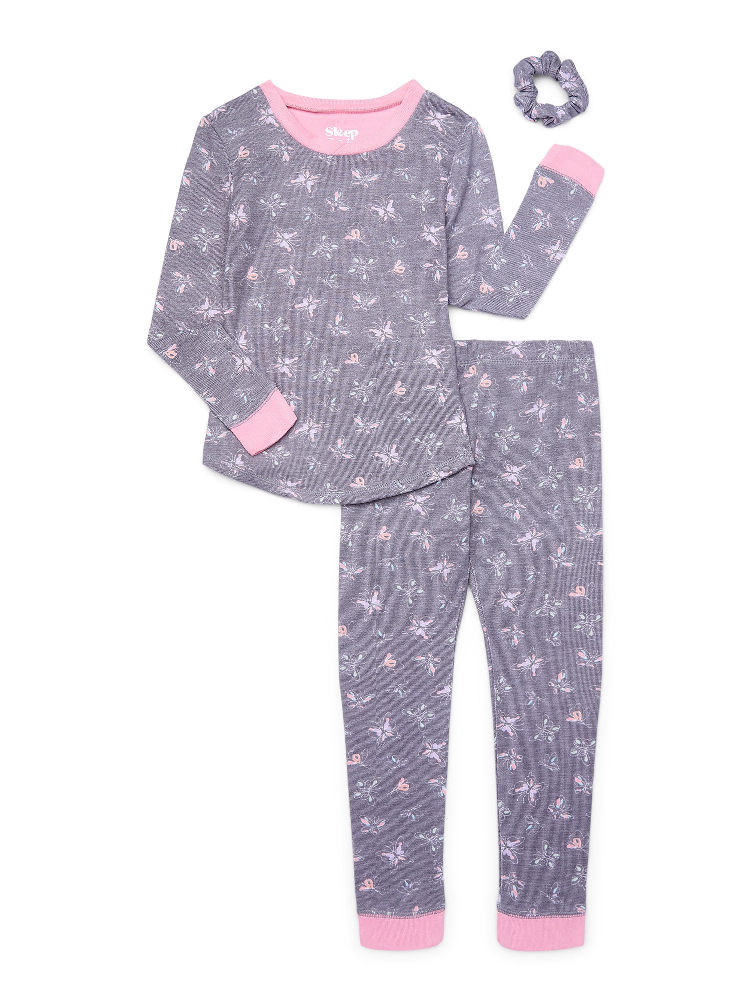Sleep On It Girls Long Sleeve Ribbed Top, Pants and Scrunchie, 3-Piece Tight Fit Pajama Set, Sizes 4-14