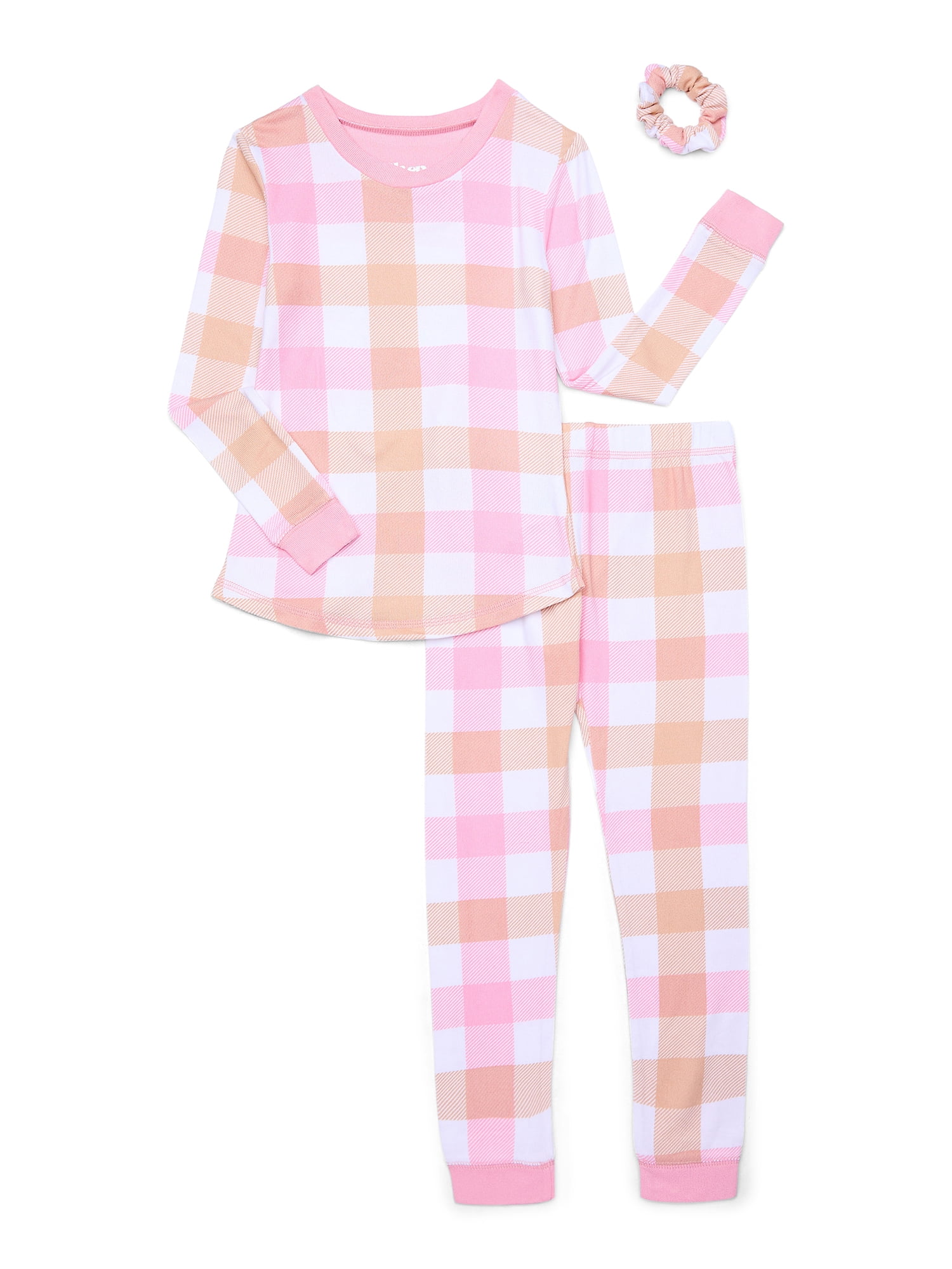 Sleep On It Girls Long Sleeve Ribbed Top, Pants and Scrunchie, 3-Piece Tight Fit Pajama Set, Sizes 4-14