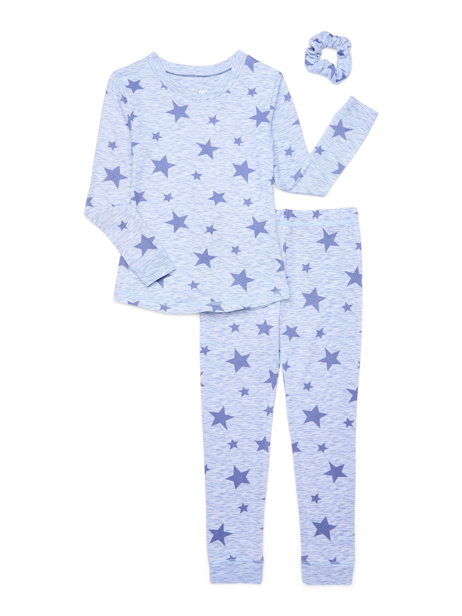 Sleep On It Girls Long Sleeve Ribbed Top, Pants and Scrunchie, 3-Piece Tight Fit Pajama Set, Sizes 4-14
