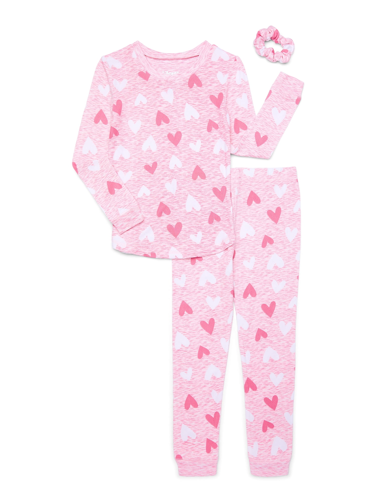 Sleep On It Girls Long Sleeve Ribbed Top Pants and Scrunchie 3 Piece Tight Fit Pajama Set Sizes 4 14