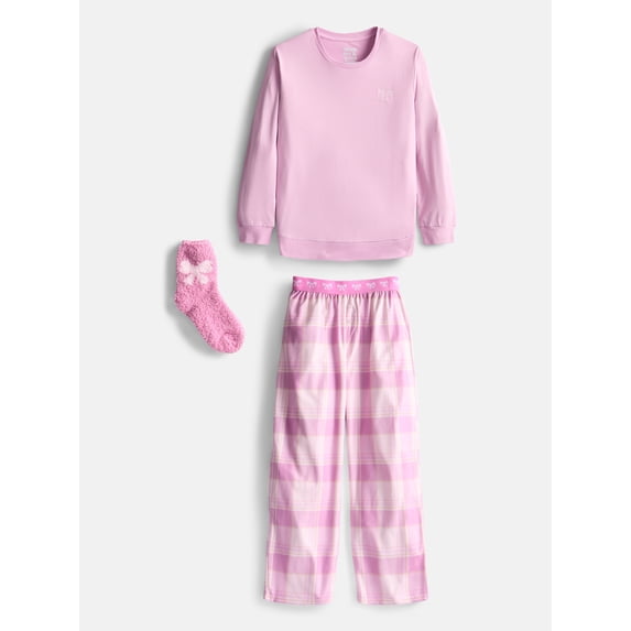 Sleep On It Girls Long Sleeve Top and Plaid Pants Pajama Set, 2 Piece, Sizes 7-16