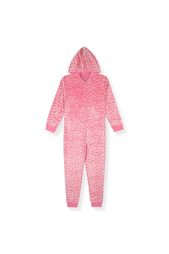 Girls Long-Sleeved Zip-Up Hooded Sleeper Pajama - Pink Leopards, 7-8