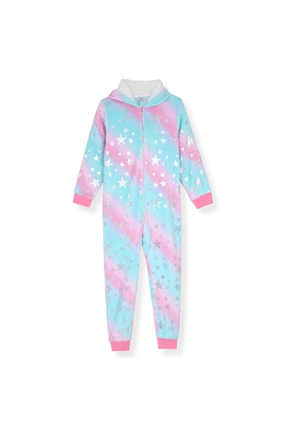 Girls Long-Sleeved Zip-Up Hooded Sleeper Pajama - Unicorn Stars, 10-12