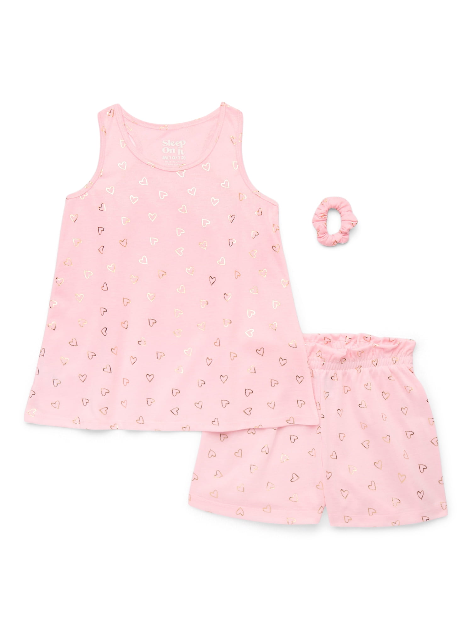 Sleep On It Girls Metallic Heart Print Tank and Shorts with Scrunchie Pajama Set, 3-Piece, Sizes 7-16