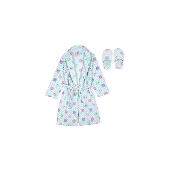 Sleep On It Girls Plush Flannel Fleece Collar Robe Set with Matching Slippers - Smiley, 14-16