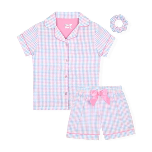 Sleep On It Girls Seersucker Coat Front Pajama Short Set - Plaid, 4T