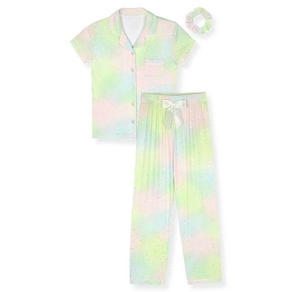 Sleep On It Girls Short Sleeve Button Down Top & Pant with Scrunchie, 2-Piece Sleep Set, Sizes 7-16