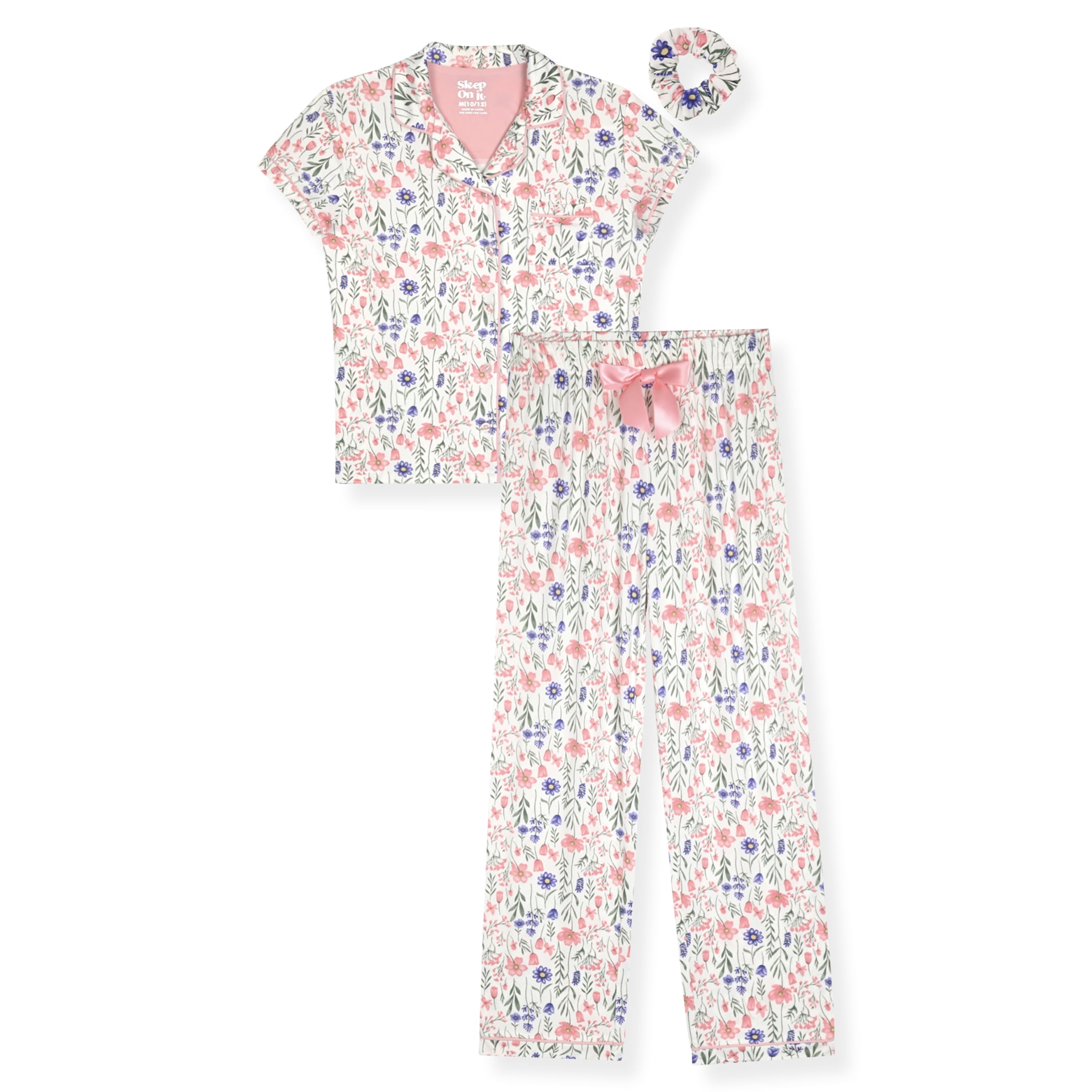 Girls Short Sleeve Button Down Top & Pant with Scrunchie, 2-Piece Sleep Set, Sizes 7-16