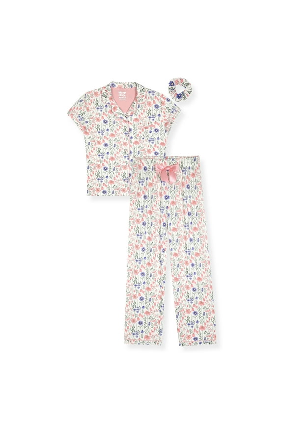 Girls Short Sleeve Button Down Top & Pant with Scrunchie, 2-Piece Sleep Set, Sizes 7-16