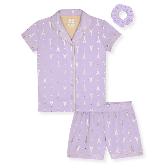 Sleep On It Girls Button Down Top and Shorts Pajama Set with Scrunchie, 2-Piece, Sizes 4-16