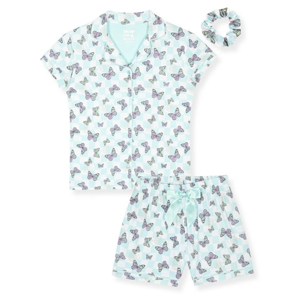 Sleep On It Girls Button Down Top and Shorts Pajama Set with Scrunchie, 2-Piece, Sizes 4-16