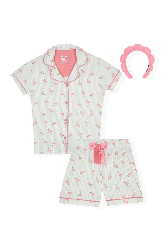 Girls Yummy Jersey Coat Front Pajama Short Set - Flamingo, 5-6