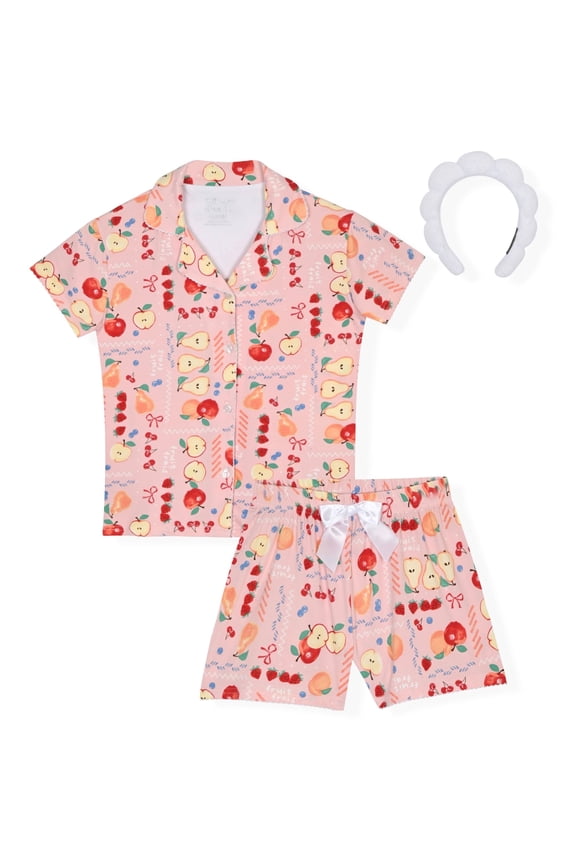 Girls Yummy Jersey Coat Front Pajama Short Set - Fruits, 7-8