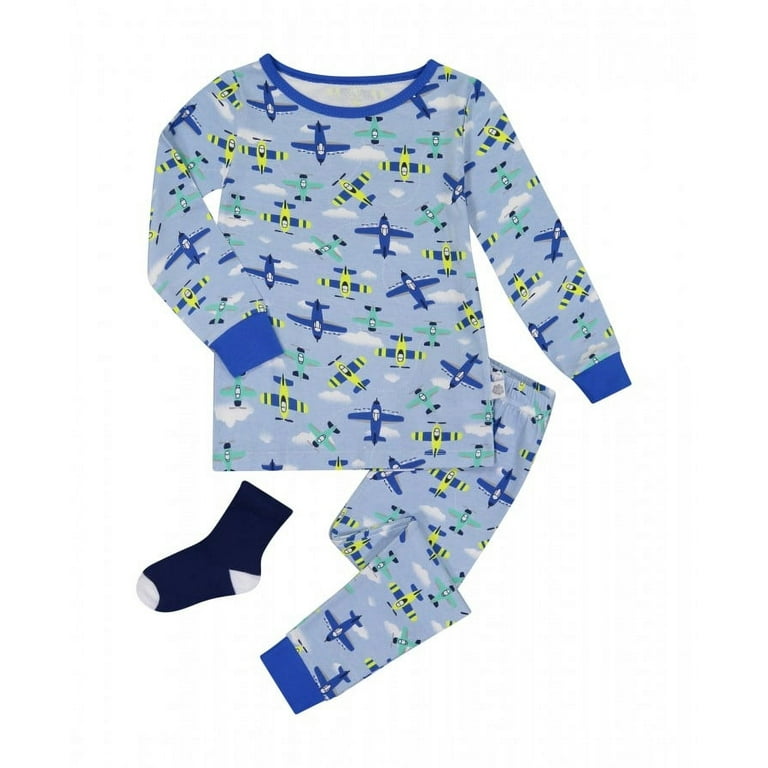 Sleep On It Infant Boys 2-Piece Super Soft Jersey Snug-Fit Pajama Set with  Matching Socks - Fly High Airplanes - Blue, 12M 