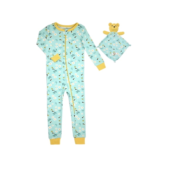Sleep On It Infant Girls Long Sleeve Super Soft Snuggle Jersey Zip-Up Coverall Pajama with Matching Blankey Buddy - Floral - Blue & Yellow, Size: 18M