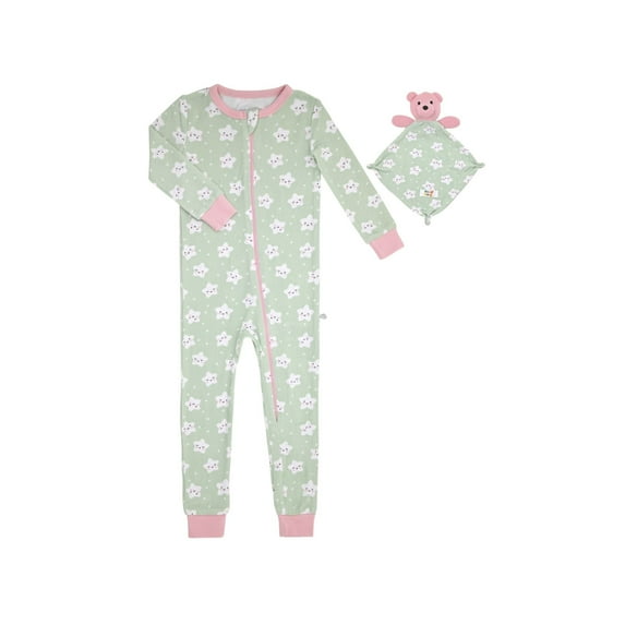 Sleep On It Infant Girls Long Sleeve Super Soft Snuggle Jersey Zip-Up Coverall Pajama with Matching Blankey Buddy - Smiley, Size: 12M