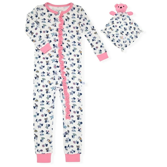 Sleep On It Infant Girls Soft Snuggle Jersey Zip-Up Coverall w/ Blankey Buddy - Alphabet 18M