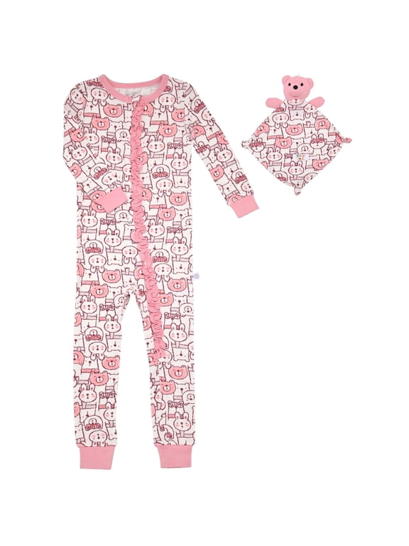 Infant Girls Soft Snuggle Jersey Zip-Up Coverall w/ Blankey Buddy - Bears, 18M
