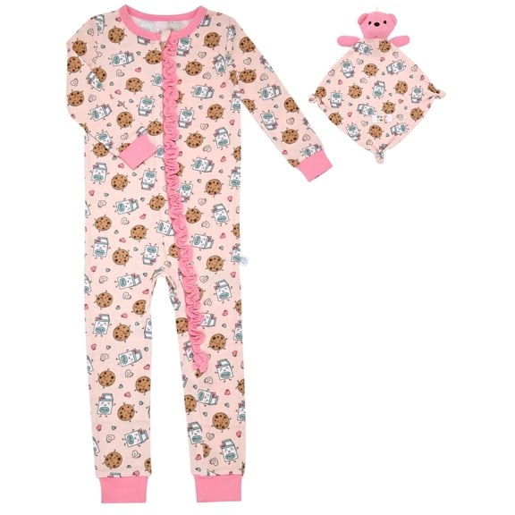 Sleep On It Infant Girls Soft Snuggle Jersey Zip-Up Coverall w/ Blankey Buddy - Milk & Cookies, 18M