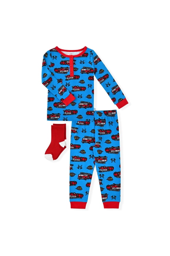 Infant & Toddler Boys 2-Piece Super Soft Jersey Snug-Fit Pajama Set with Matching Socks - Fire Trucks , 3T