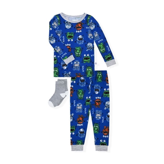 Sleep On It Infant & Toddler Boys 2-Piece Super Soft Jersey Snug-Fit Pajama Set with Matching Socks - Monsters , 18 Months