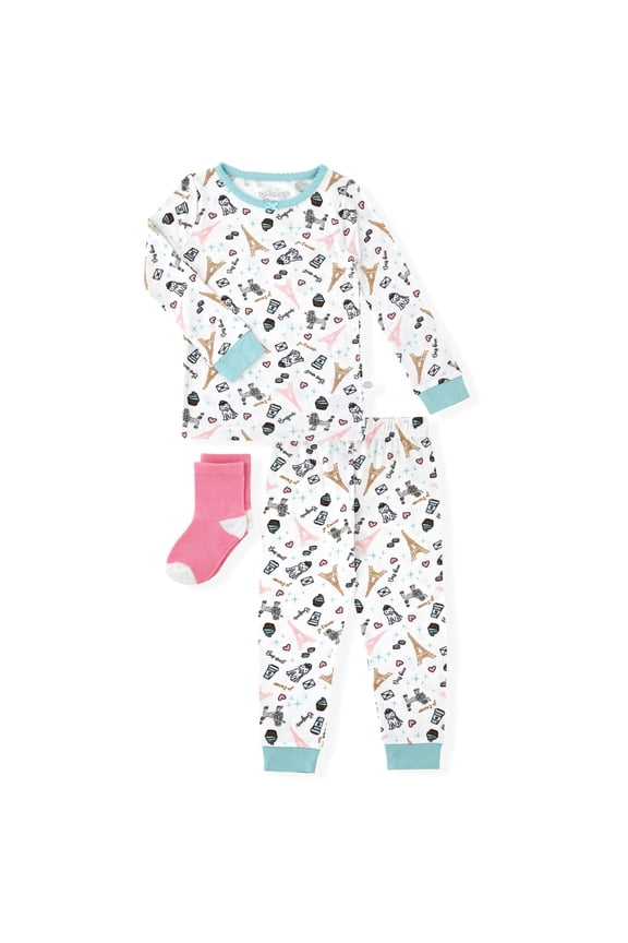 Infant & Toddler Girls 2-Piece Super Soft Jersey Snug-Fit Pajama Set with Matching Socks - Paris , 18M