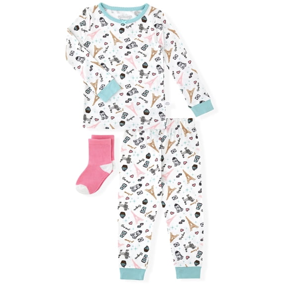 Sleep On It Infant & Toddler Girls 2-Piece Super Soft Jersey Snug-Fit Pajama Set with Matching Socks - Paris , 4T