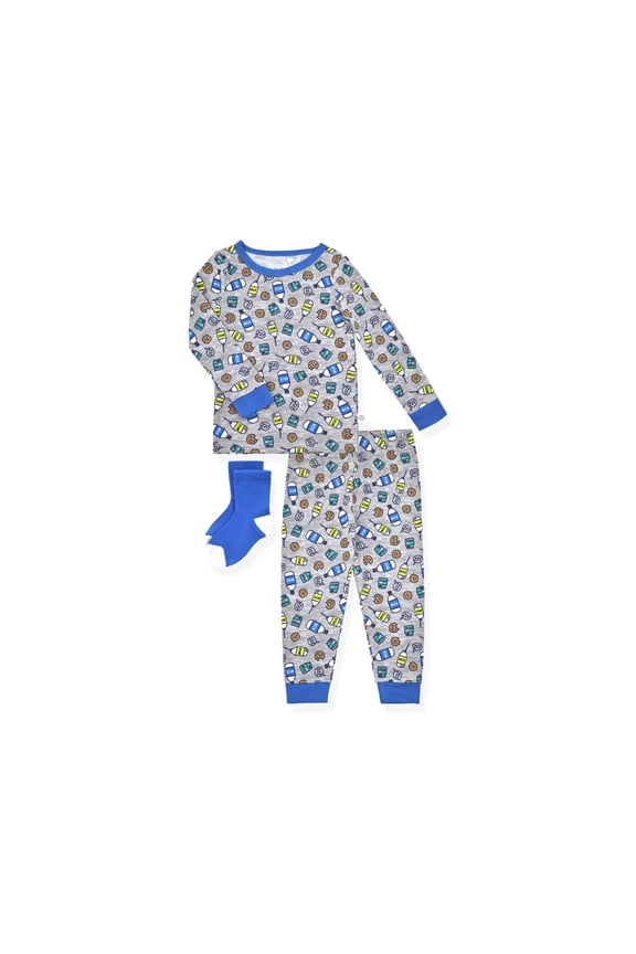 Toddler Boys 2-Piece Super Soft Jersey Snug-Fit Pajama Set with Matching Socks - Milk and Cookies - Grey & Blue, 3T