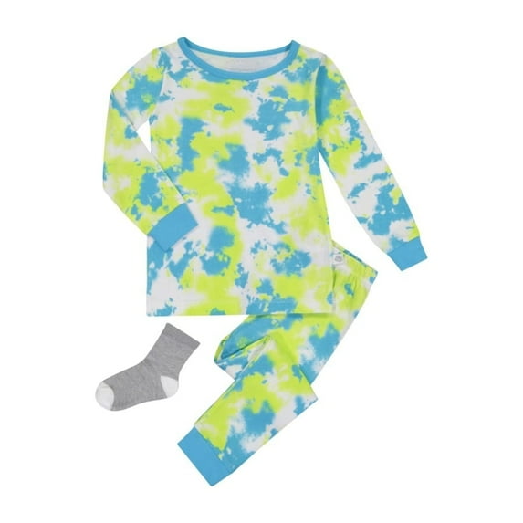 Sleep On It Toddler Boys 2-Piece Super Soft Jersey Snug-Fit Pajama Set with Matching Socks - Tie-Dye Clouds - Multi, 3T