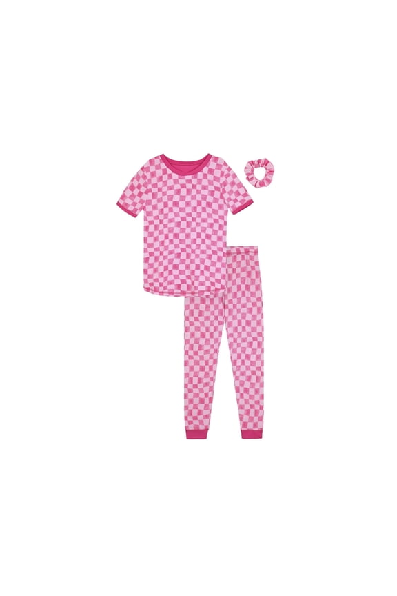 Toddler Girls 2-Piece Super Soft Jersey Snug-Fit Pajama Set with Matching Scrunchie - Checks, Pink, Size 2T