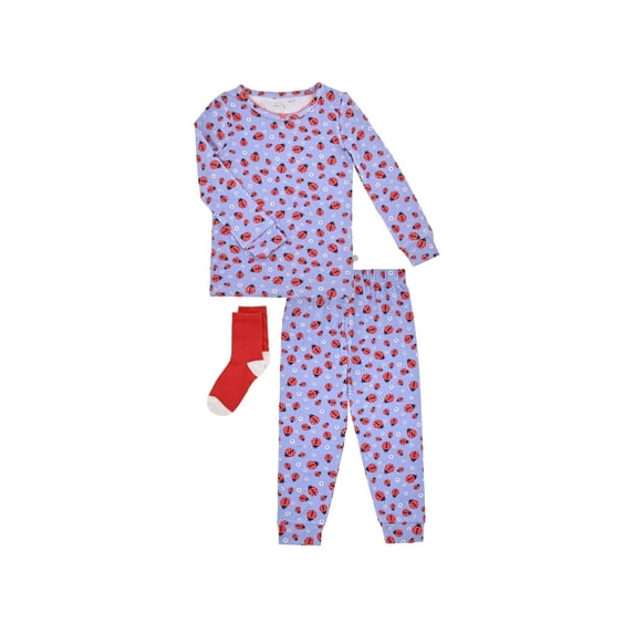 Sleep On It Toddler Girls 2-Piece Super Soft Jersey Snug-Fit Pajama Set with Matching Socks - Ladybug Dreams, Blue & Pink, Size 4T