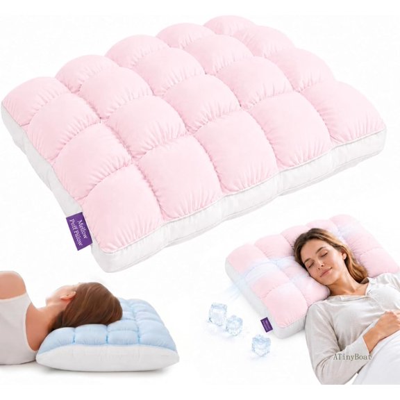 Sleep Pillow Cold Marshmallow Cool-Touch, Ice Silk Fluffy Grid Quilted, Side Back Sleeper 20x26