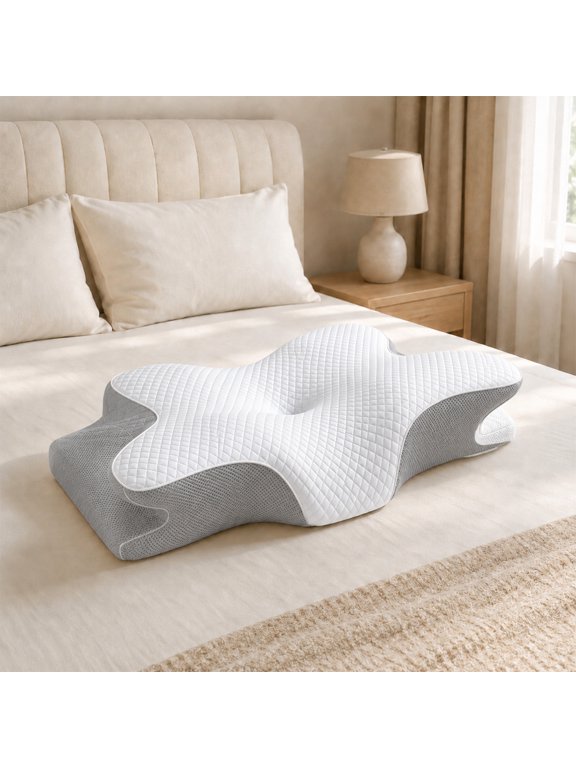 Sleep Pillow, Orthopedic Neck Pillow for Sleeping, Memory Foam Side Sleeper Neck Pillow, with Breathable Pillowcase, Ergonomic Contour, for Side Back Stomach Sleeper,Grayish