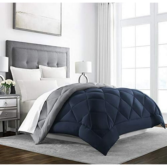 Sleep Restoration Down Alternative Comforter, Oversized, Reversible, Full/Queen, Navy/Sleet