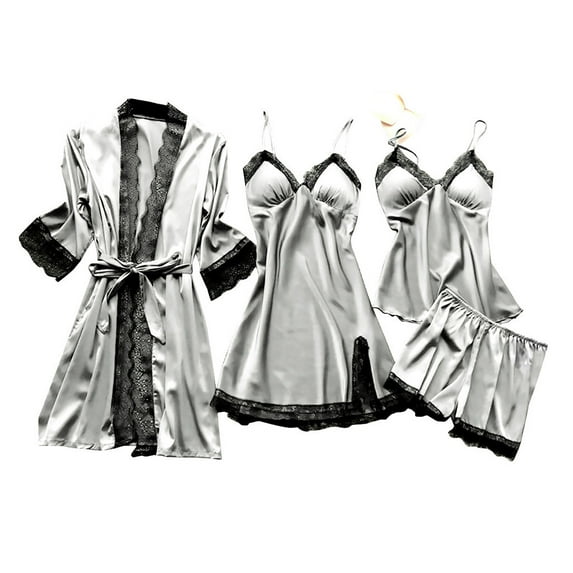 Sleep Sets for Women, Audhol Women' Silk Satin Pajamas Set 4Pcs Pajamas Floral Lace Cami Sleepwear with Robe Satin Robe for Women Grey 5XL