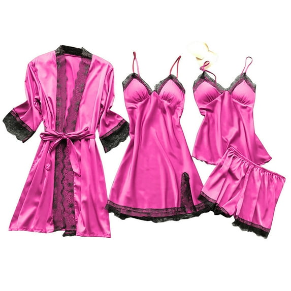 Sleep Sets for Women, Audhol Women' Silk Satin Pajamas Set 4Pcs Pajamas Floral Lace Cami Sleepwear with Robe Satin Robe for Women Hot Pink 4XL