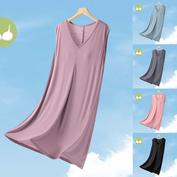 Sleep Shirts Casual Loose Women's V Neck Solid Color Drawstring Loose And Comfortable Sleeveless Mid Length Nightgown Skirt Yellow L