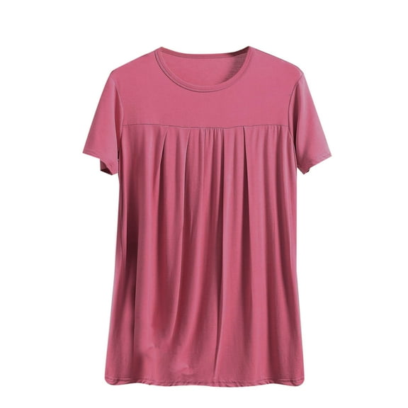 Sleep Shirts for Women Modal Round Neck Pleated Solid Color Lounge Pajamas Tops Soft Ladies Short Sleeve Pajama Shirt Summer Clearance