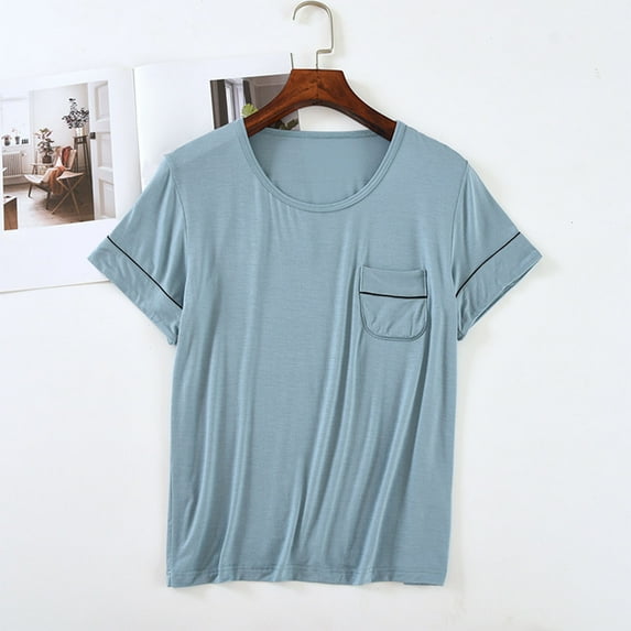Sleep Shirts for Women - Pajama Tops for Women,Modal Round Neck Solid Color Pajamas Top Blue XL