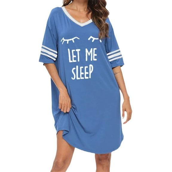 Sleep Shirts for Women Short Sleeve Cotton Novelty Night Shirts V Neck Oversized Nightgowns Cute Printed Nightdress