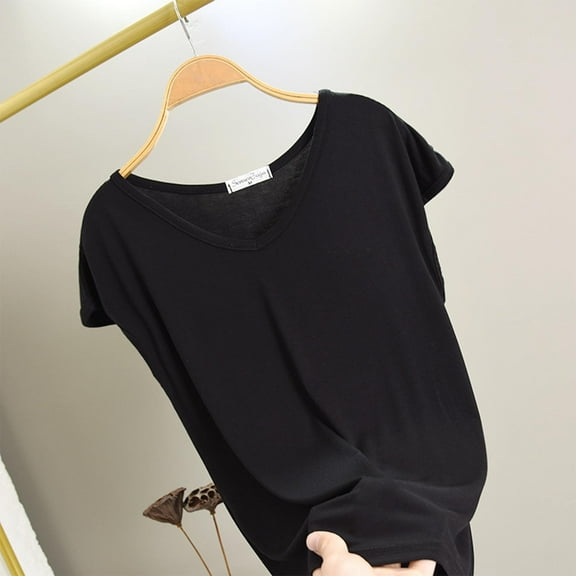 Sleep Shirts for Women Women's Solid Color Short Sleeved Base Shirt Thin V-Neck T-Shirt Pajamas Top Short Sleeved Pajamas Black M