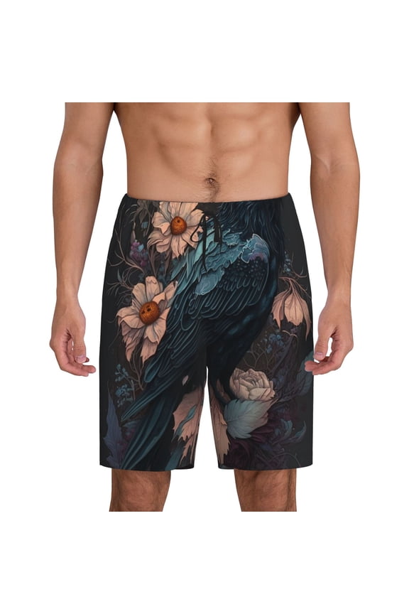 Sleep Shorts Soft Loungewear Short Pajama Pants Nightwear for Men, Crow Flowers Raven Gothic