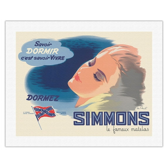 Sleep Simmons the Famous Mattress (Dormez Simmons le Fameux Matelas) - Vintage Advertising Poster by Marcel Santi c.1950s - Fine Art Rolled Canvas Print 20in x 26in