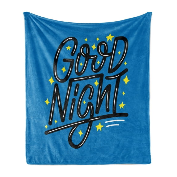 Sleep Soft Flannel Fleece Throw Blanket, Night Lettering with Stars on Blue Toned Background Hand Drawn Design, Cozy Plush for Indoor and Outdoor Use, 50" x 70", Blue Black and Yellow, by Ambesonne