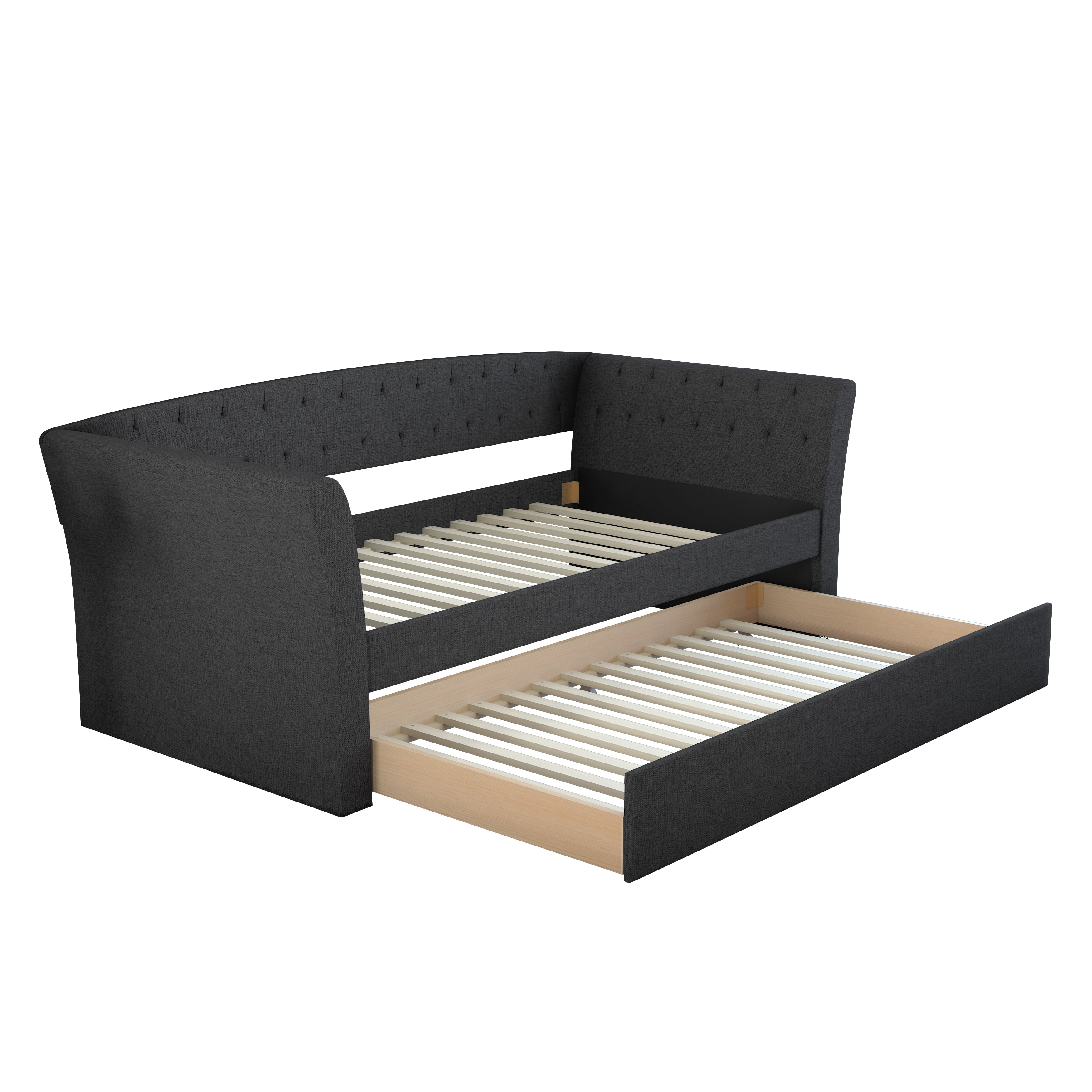 New Castle Black Linen Twin Daybed with Trundle and Tufted Upholstery