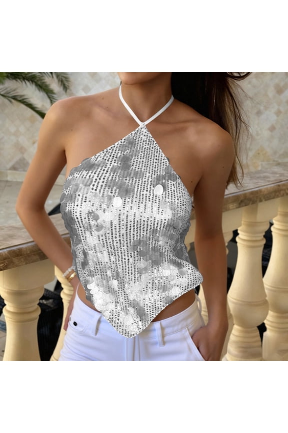 Sleep Tank Tops for Women Women Sequin Cami Tops Sleeveless Tie Back Backless Tank Camisole Sparkly Party Going out Cropped Tops XL