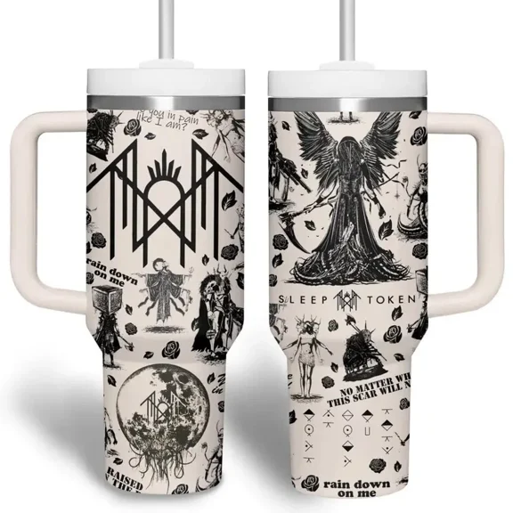Sleep Token Rain Down On Me 40oz Tumbler With Handle, Gothic Angel Collage Stainless Steel Insulated Travel Cup
